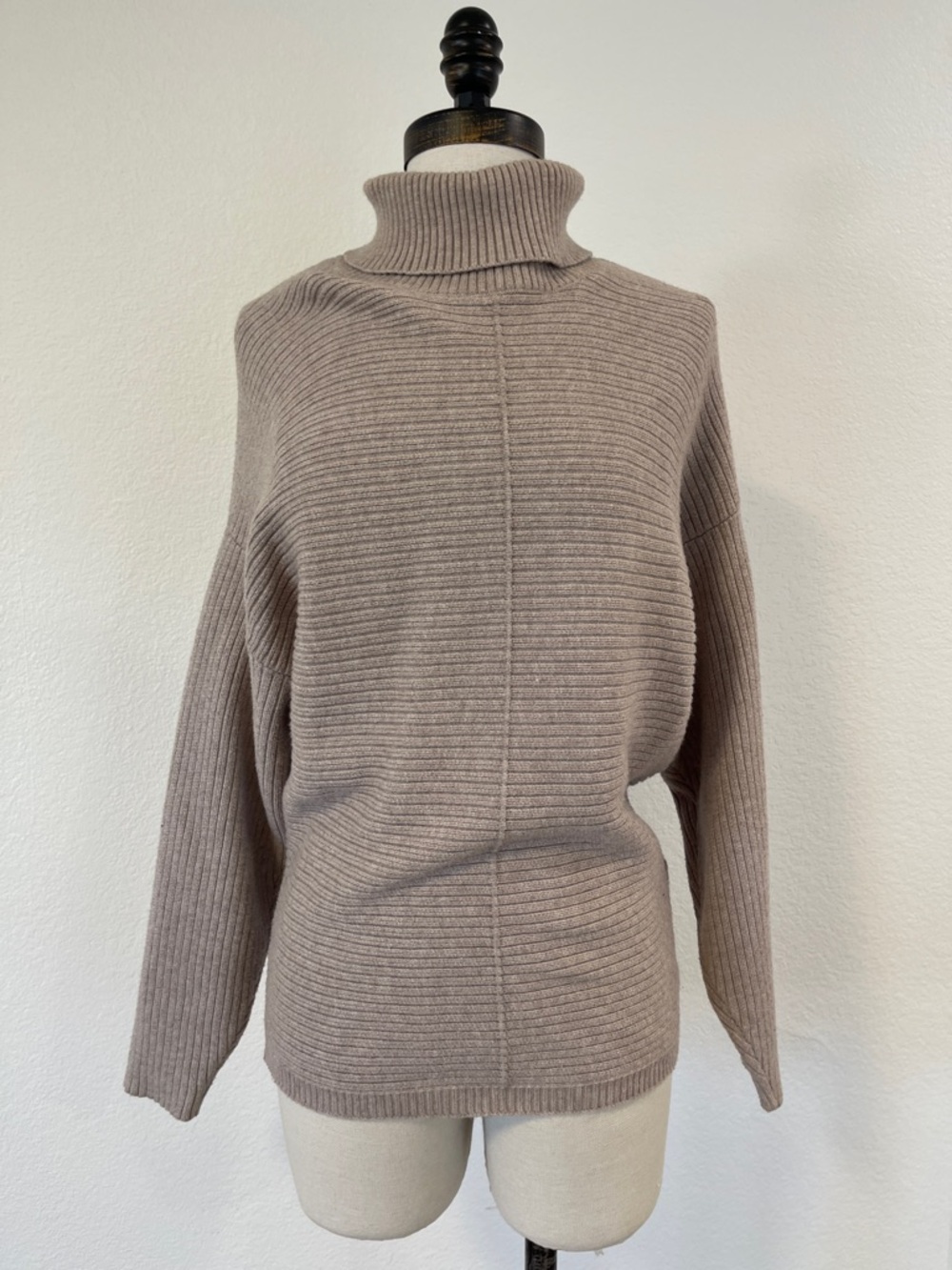 Cyrus Ribbed Cowl Neck Turtleneck Sweater in Taupe Bat Wing XS